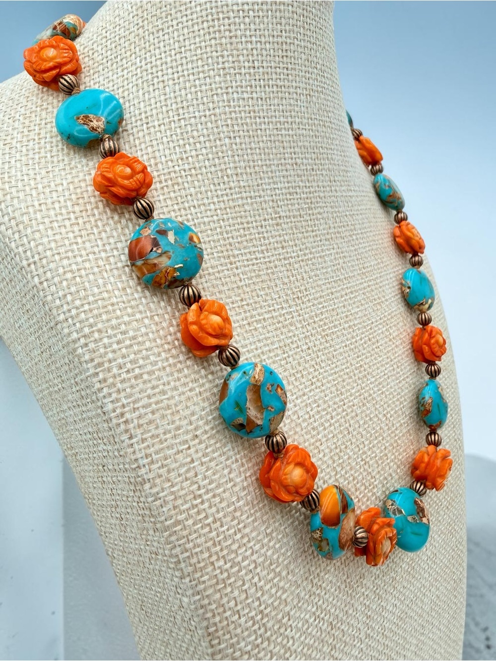 Artisan Hand Knotted Emperor Jasper Carved Coral floral bead Copper Necklace 18” - Picture 7 of 17